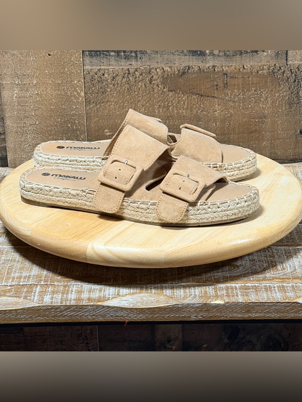 Makalu California Zoe Double Buckle Espadrille Slide Sandals Tan Women’s Size 8M